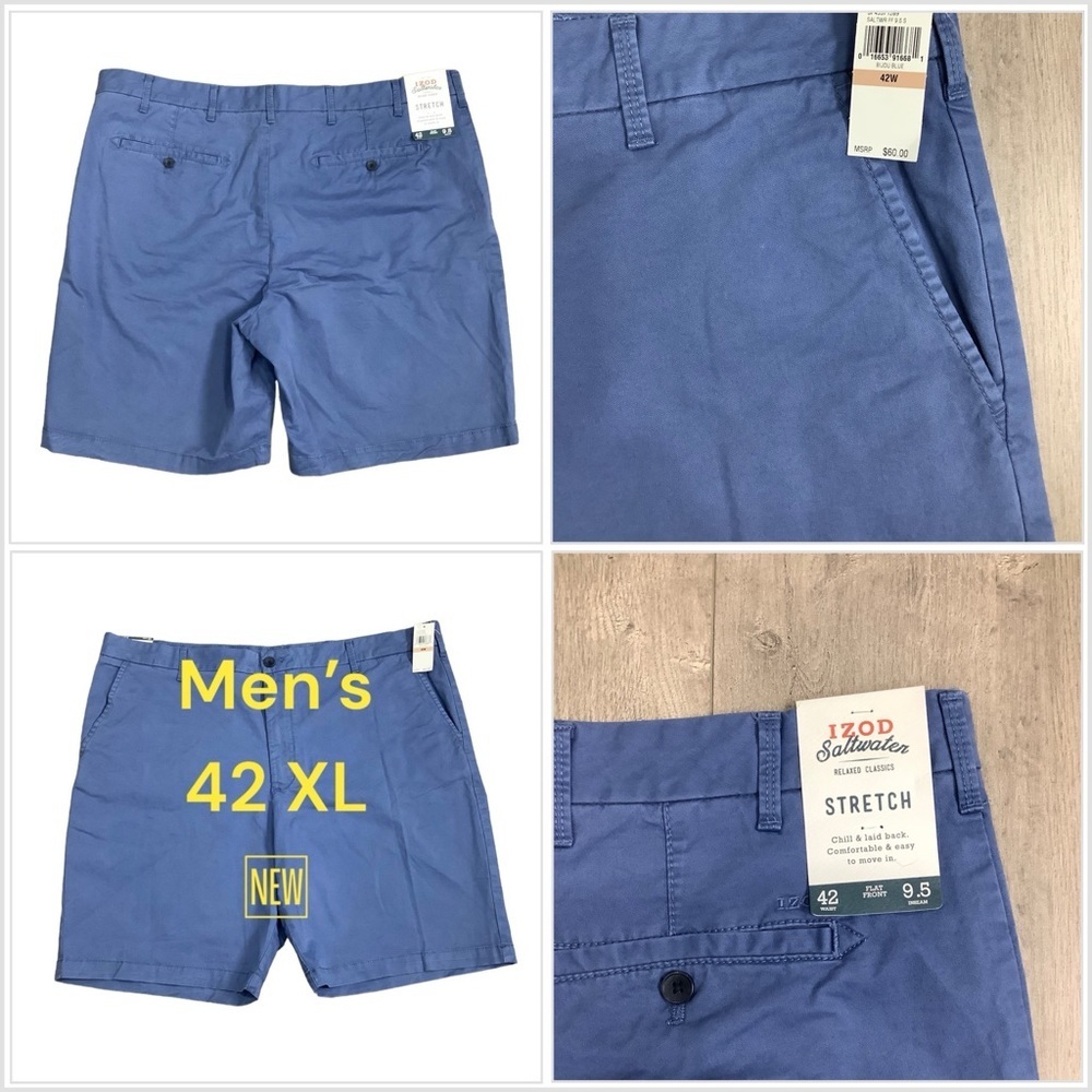Men's IZOD Saltwater Blue 42 XL Khakis Chino Shorts Cotton Twill Stretch NWT